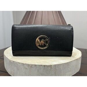 Michael Kors Fulton Flap Continental Wallet Black Pebbled Leather Gold Logo VTG